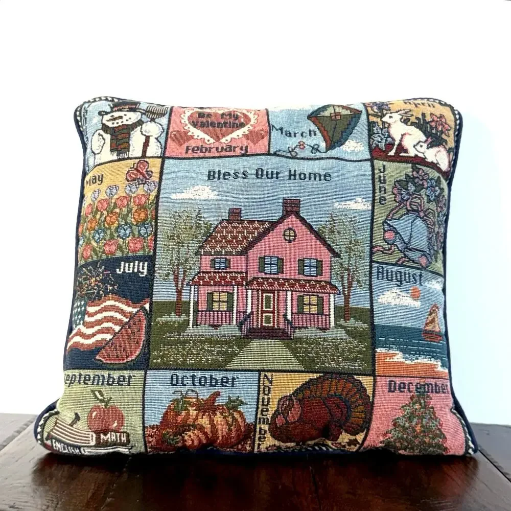Vintage Tapestry Bless Our Home Pillow | Months of the Year Accent Pillow